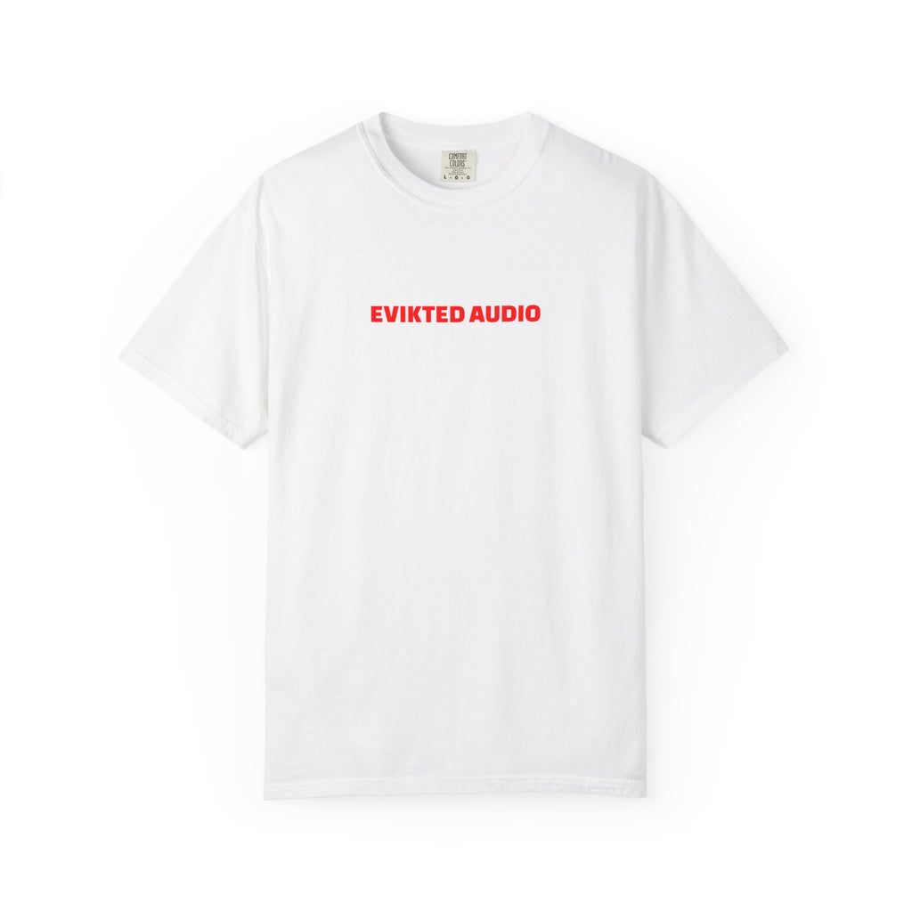 Evikted Audio Tee — White Graphic Band T-Shirt