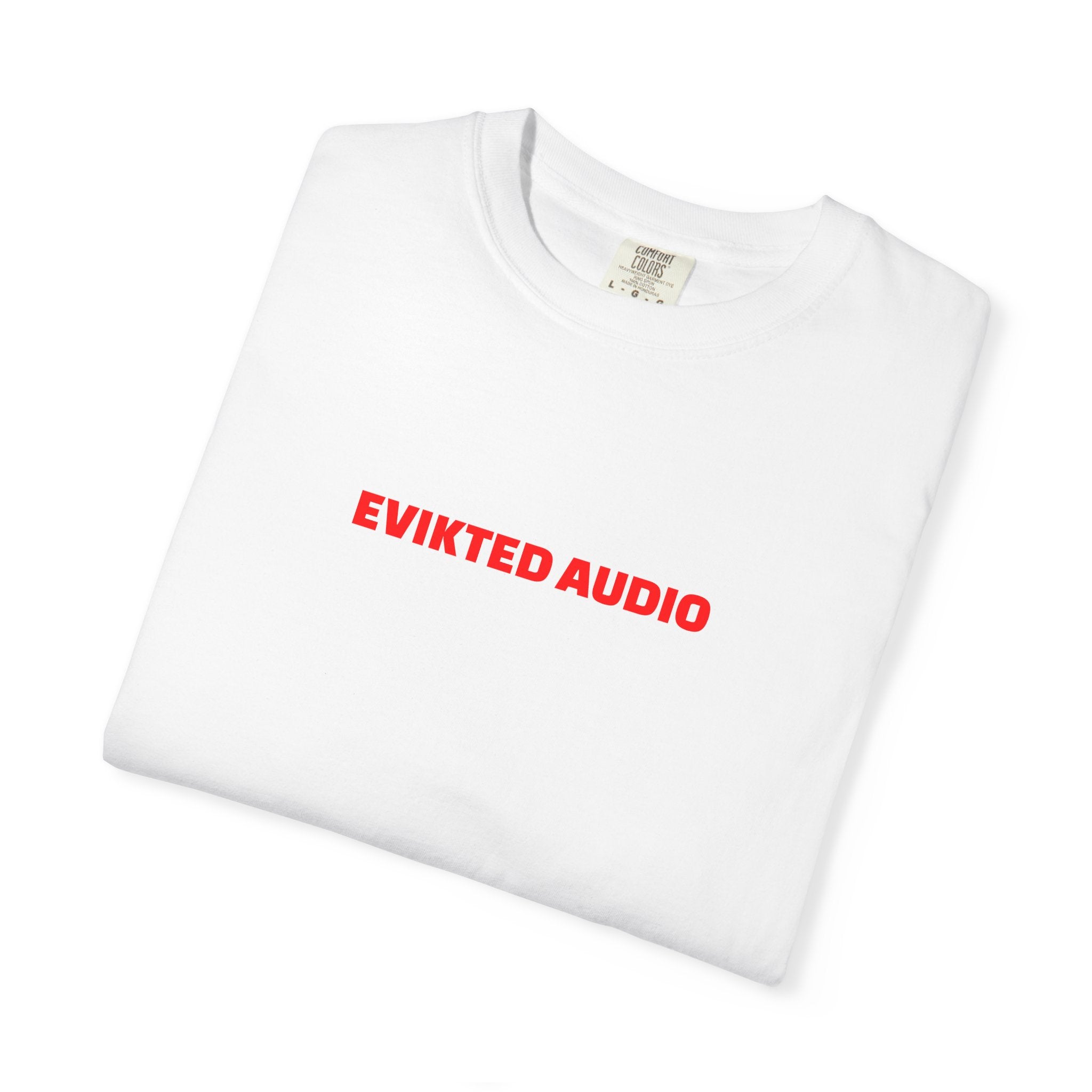 Evikted Audio Tee — White Graphic Band T-Shirt